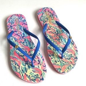 Lilly Pulitzer pink and blue lobster flip flops